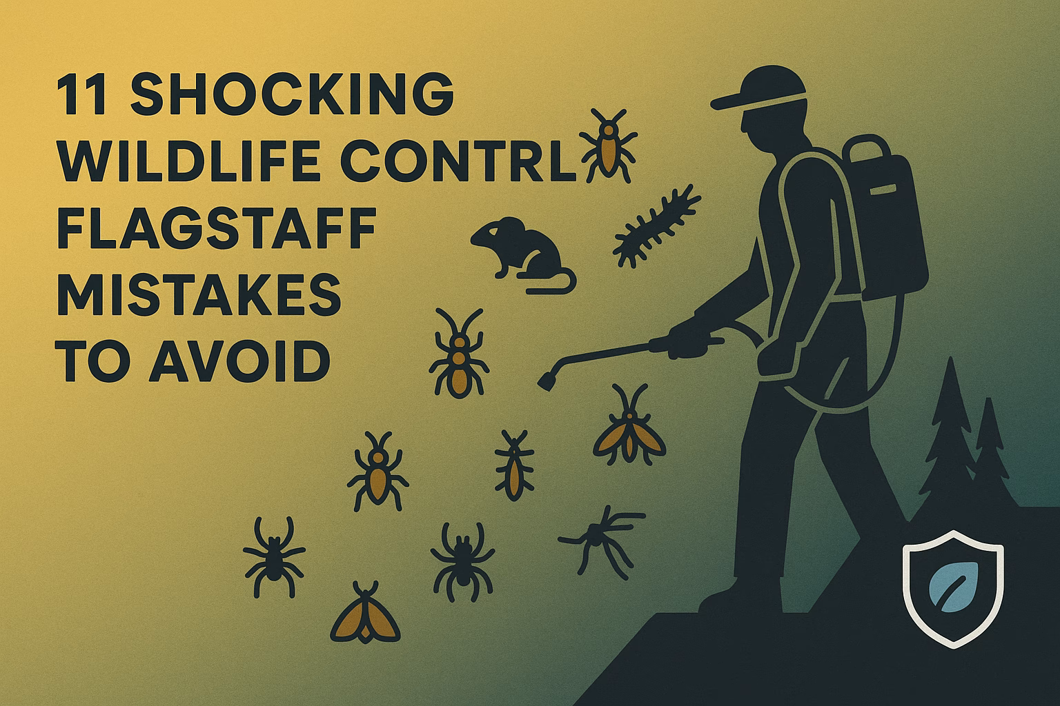11 shocking wildlife control Flagstaff mistakes highlighted with insects and a person spraying pesticide.