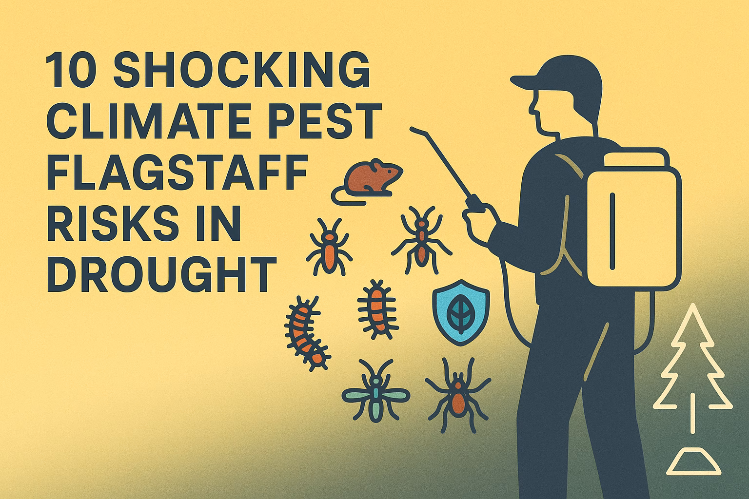 10 shocking climate pest Flagstaff risks in drought, featuring a pest control worker and various pests illustrated.