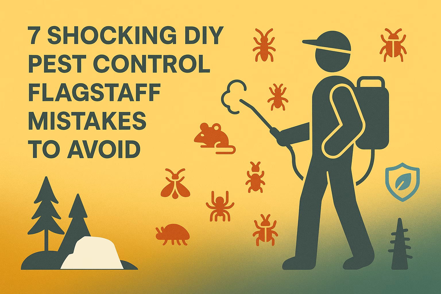 7 shocking DIY pest control Flagstaff mistakes to avoid, with pest icons and a person using a sprayer.