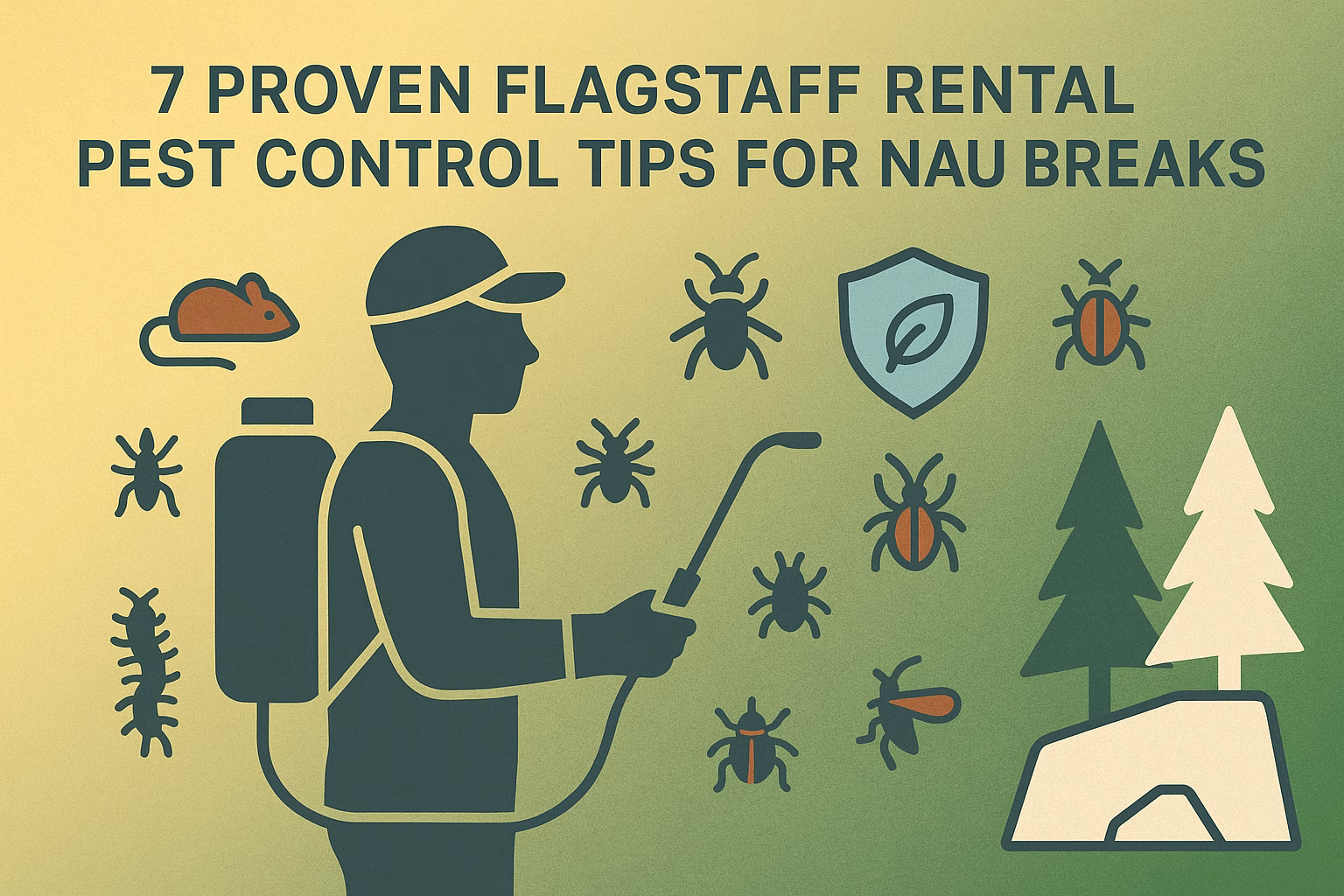 7 proven flagstaff rental pest control tips illustrated with a pest controller, insects, a shield, and nature elements.