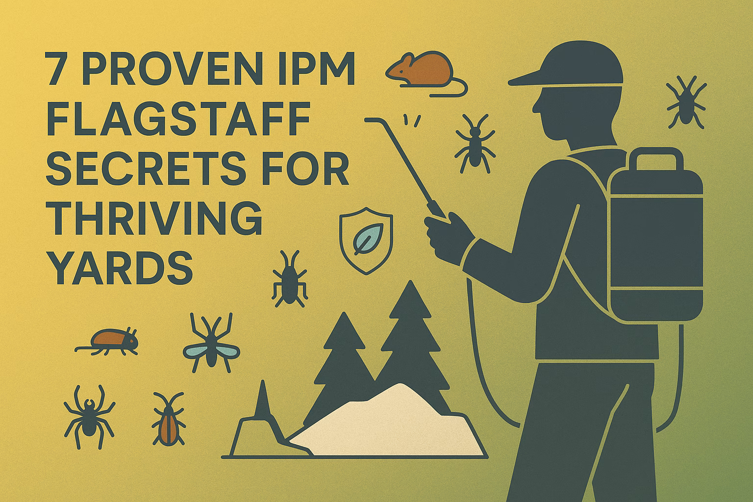 7 proven IPM Flagstaff secrets for thriving yards featuring a person spraying chemicals with pests and trees illustrated.
