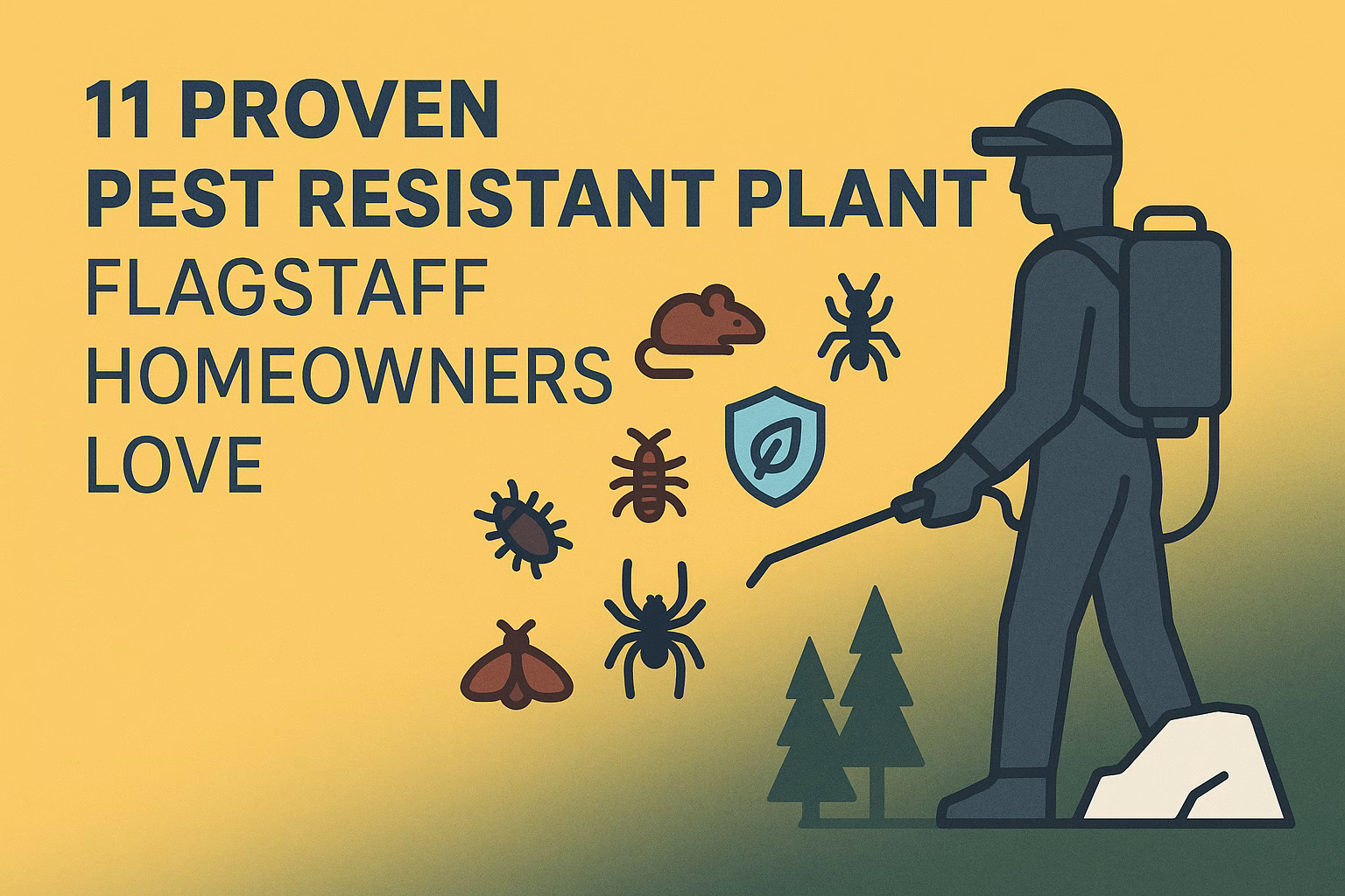 11 proven pest resistant plants Flagstaff homeowners love with a person spraying pests in a stylized graphic.