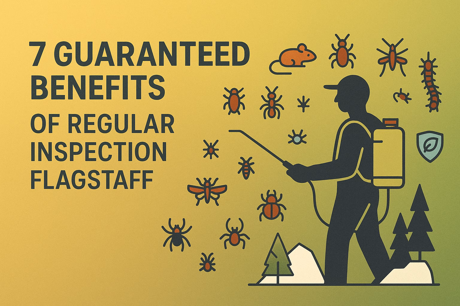 7 guaranteed benefits of regular inspection Flagstaff, featuring a pest control worker among various insects and animals.