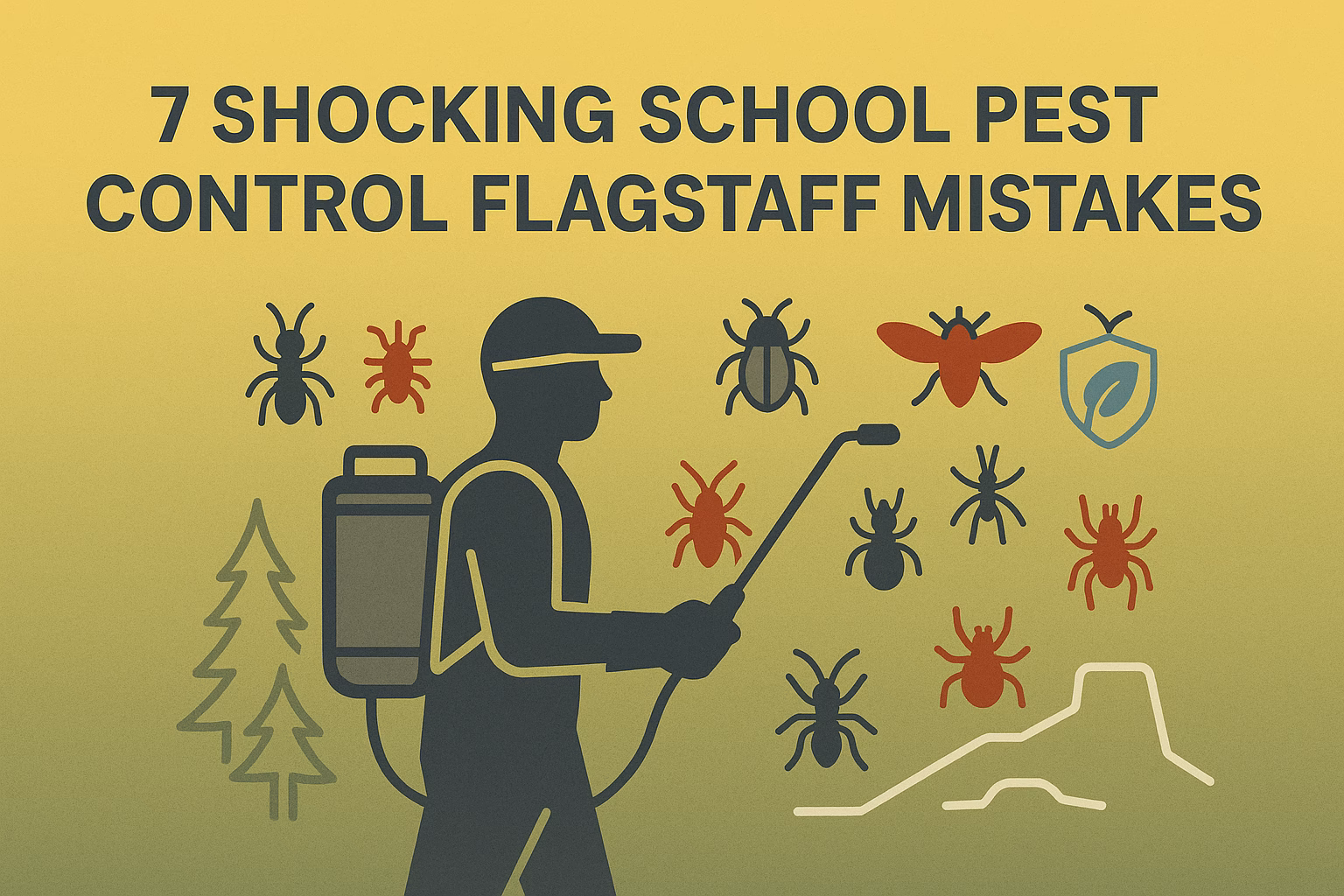 7 shocking school pest control Flagstaff mistakes, featuring a pest controller and various illustrated pests.