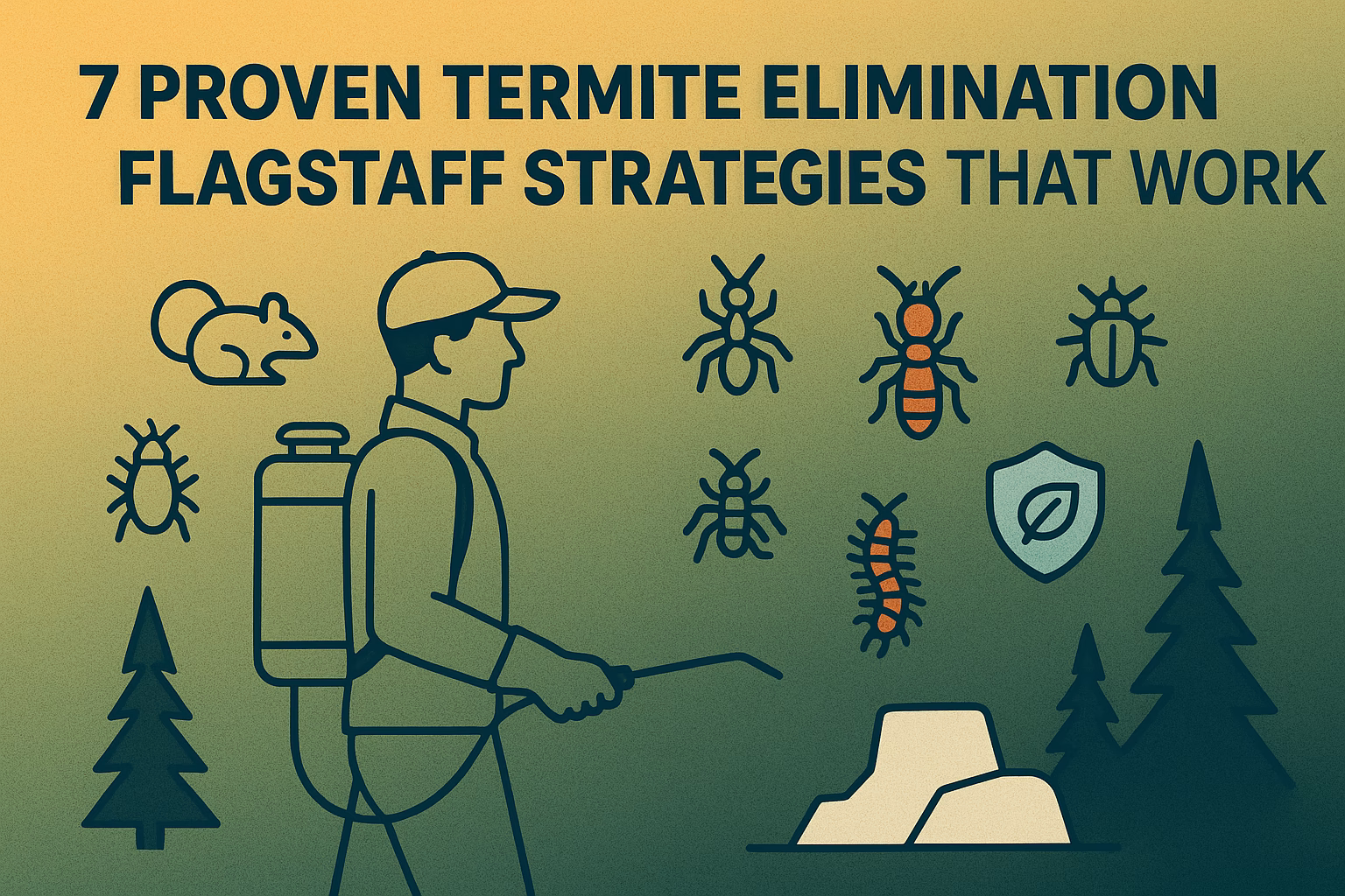 7 proven termite elimination Flagstaff strategies, featuring pest icons, a person with gear, and a forest background.