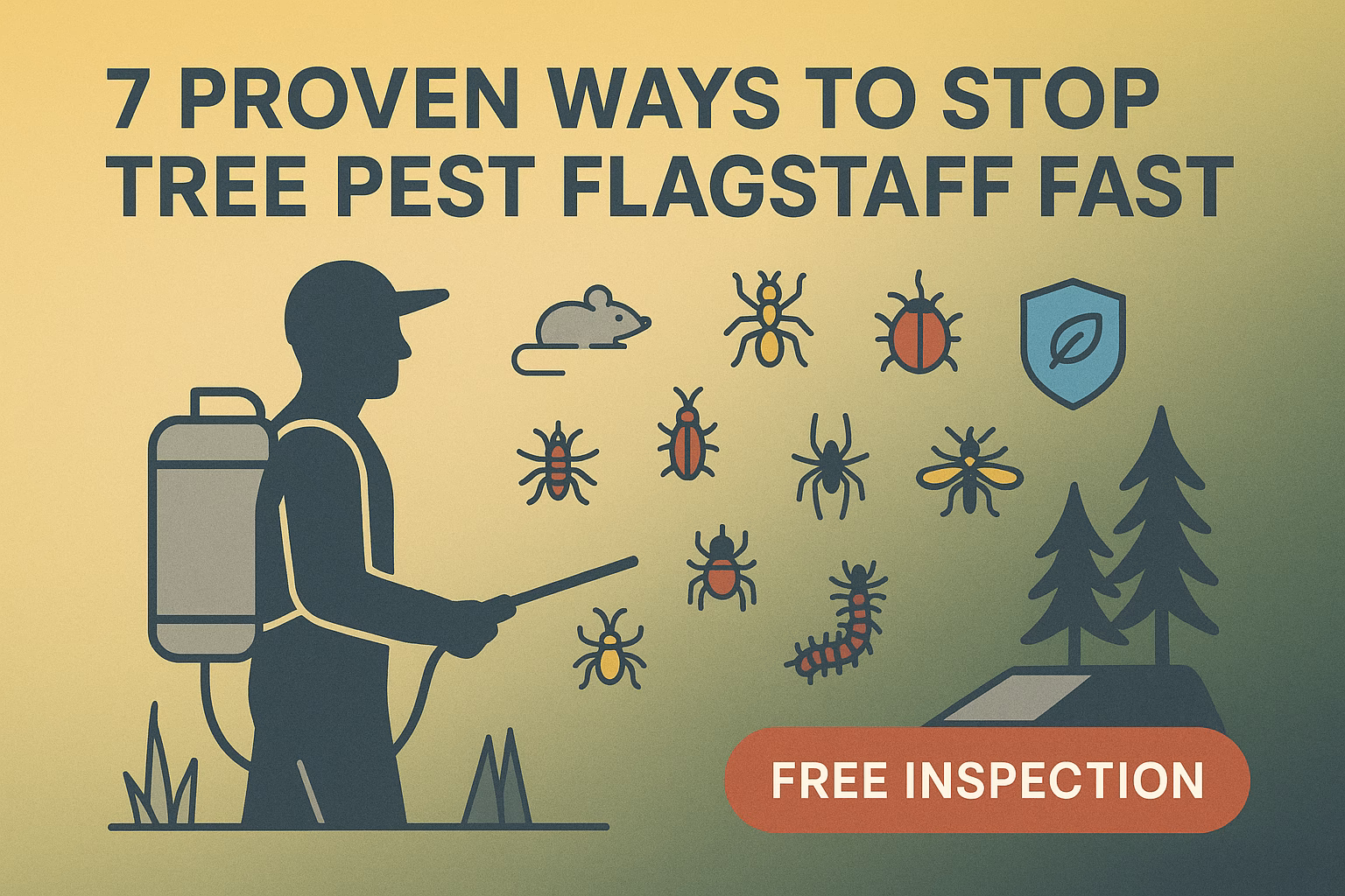 7 proven ways to stop tree pest Flagstaff, featuring a person spraying weeds with various pests illustrated around. Free inspection.