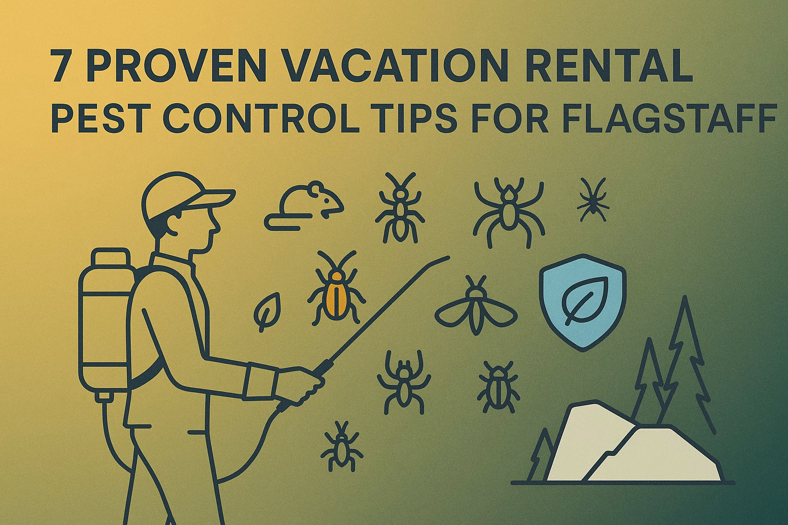 7 proven vacation rental pest control tips for Flagstaff, featuring illustrations of pests and a pest control worker.