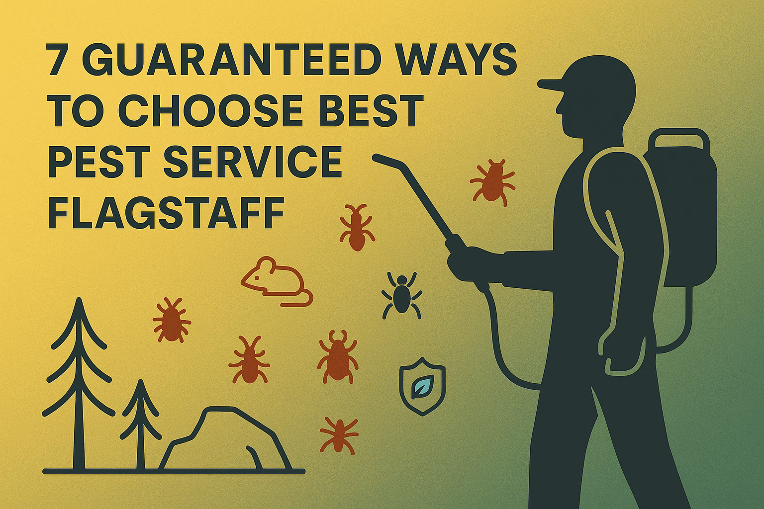7 guaranteed ways to choose best pest service Flagstaff, featuring a person spraying for pests amid nature icons.