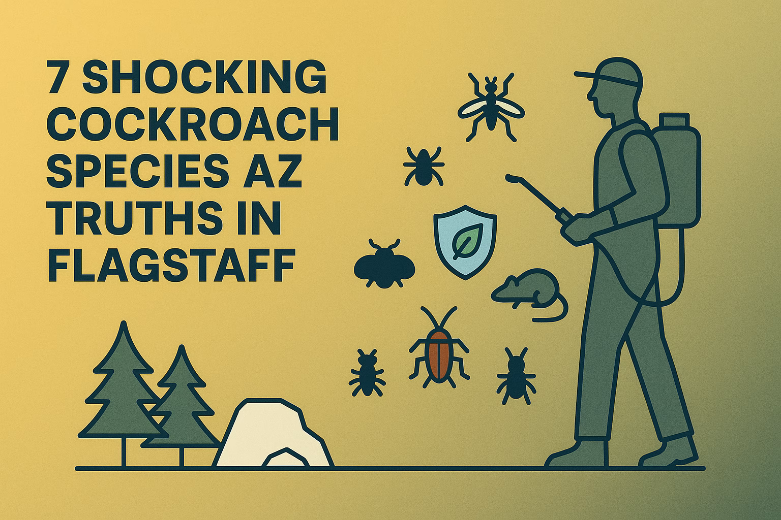 7 shocking cockroach species AZ with illustrations of insects and a pest control worker in Flagstaff.