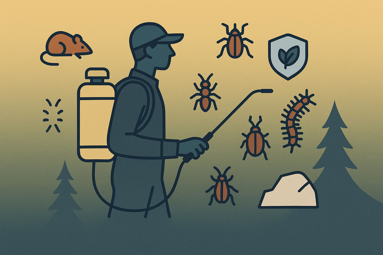 Community pest Flagstaff: a pest control worker with a sprayer, surrounded by icons of various pests and trees.
