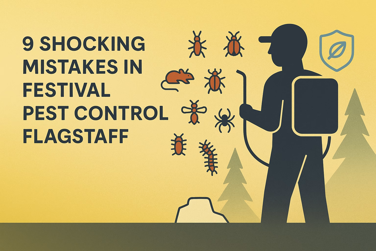 9 mistakes in festival pest control Flagstaff, featuring a pest control worker and various insects in an illustrated style.