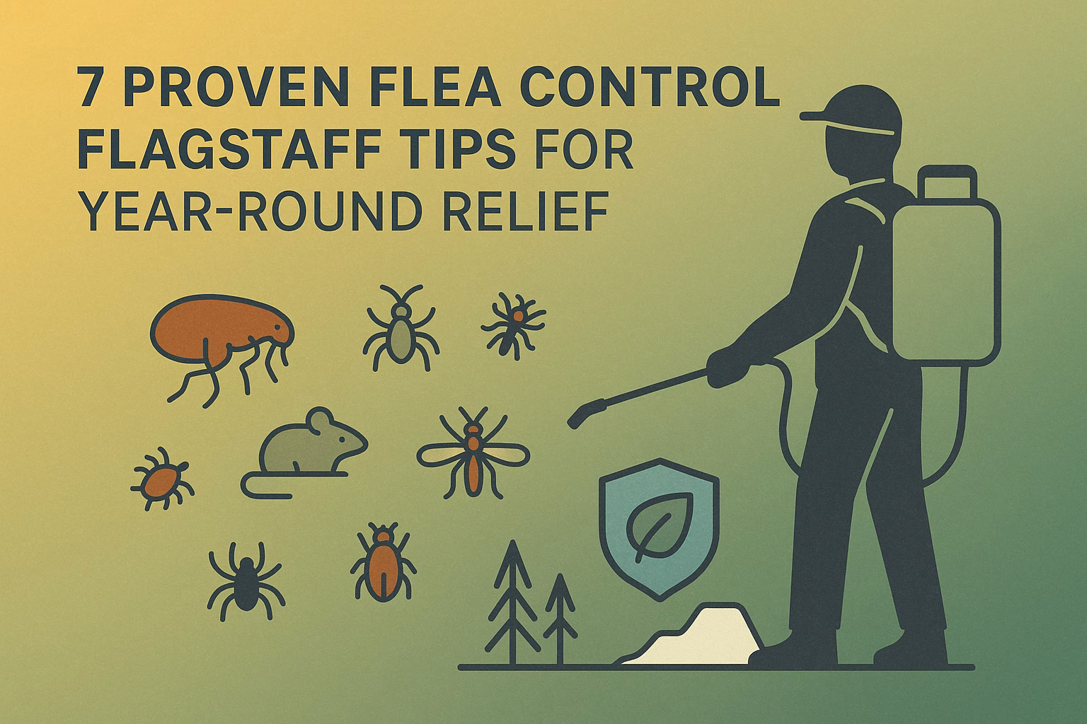 7 proven flea control Flagstaff tips with illustrations of pests and a person spraying for year-round relief.