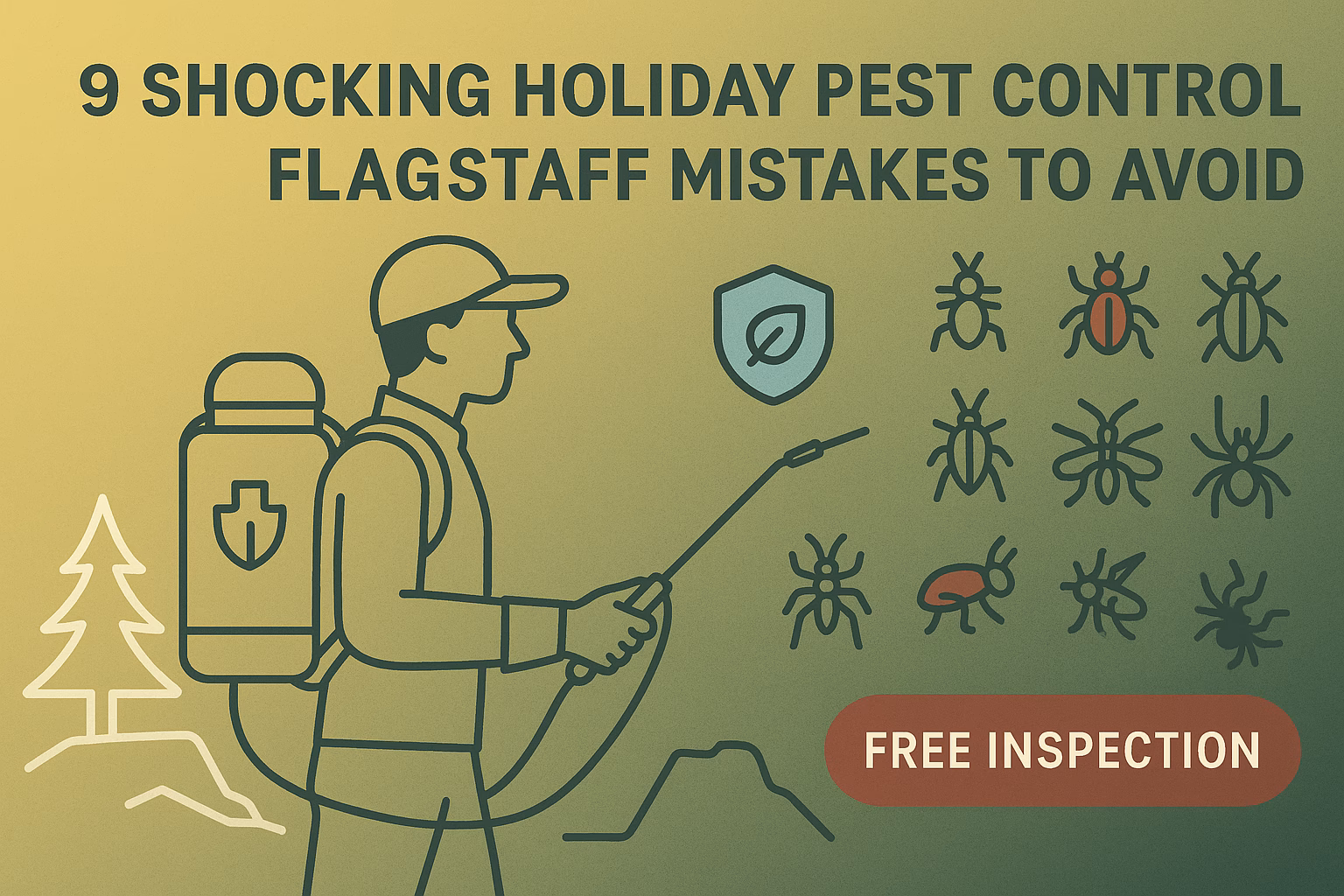 9 common mistakes to avoid with holiday pest control Flagstaff; features a pest control worker and pest icons. Free inspection.