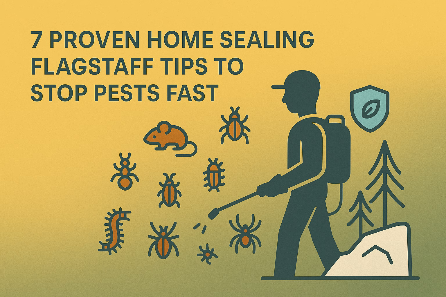 7 proven home sealing Flagstaff tips with an illustration of a pest control worker and various pests.