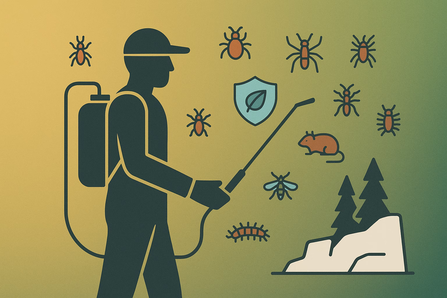 Pest control professional spraying insects and rodents in a mountainous landscape, promoting landscape pest control Flagstaff.