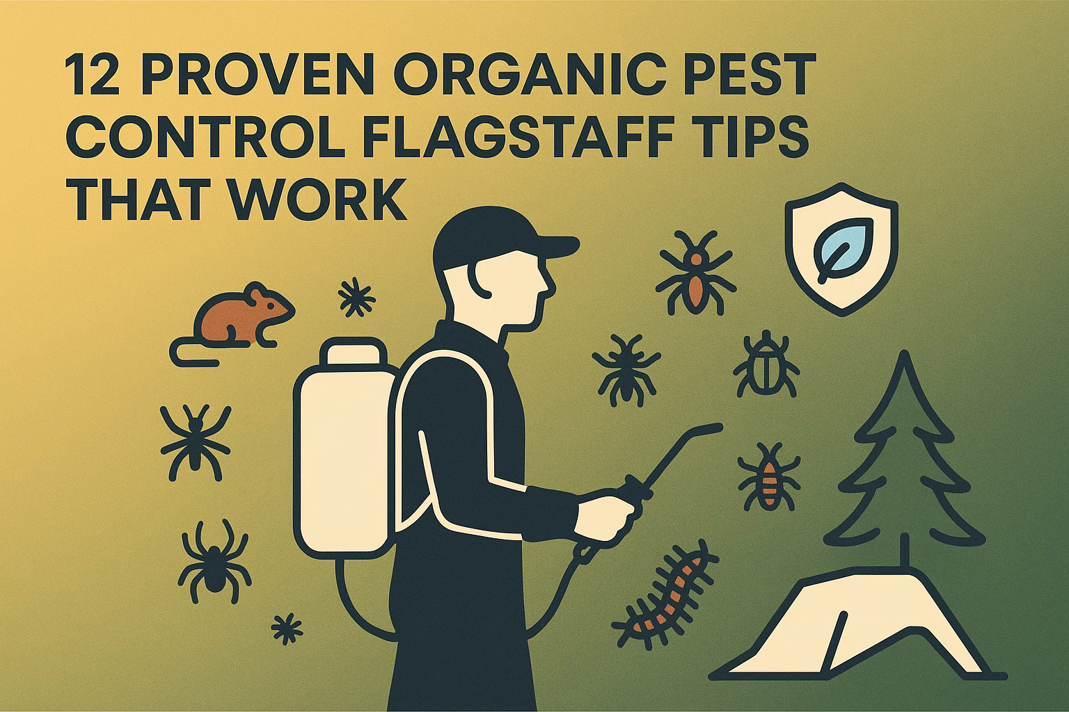 12 tips for organic pest control Flagstaff, featuring a person spraying for pests with insects and a tree illustrated around them.
