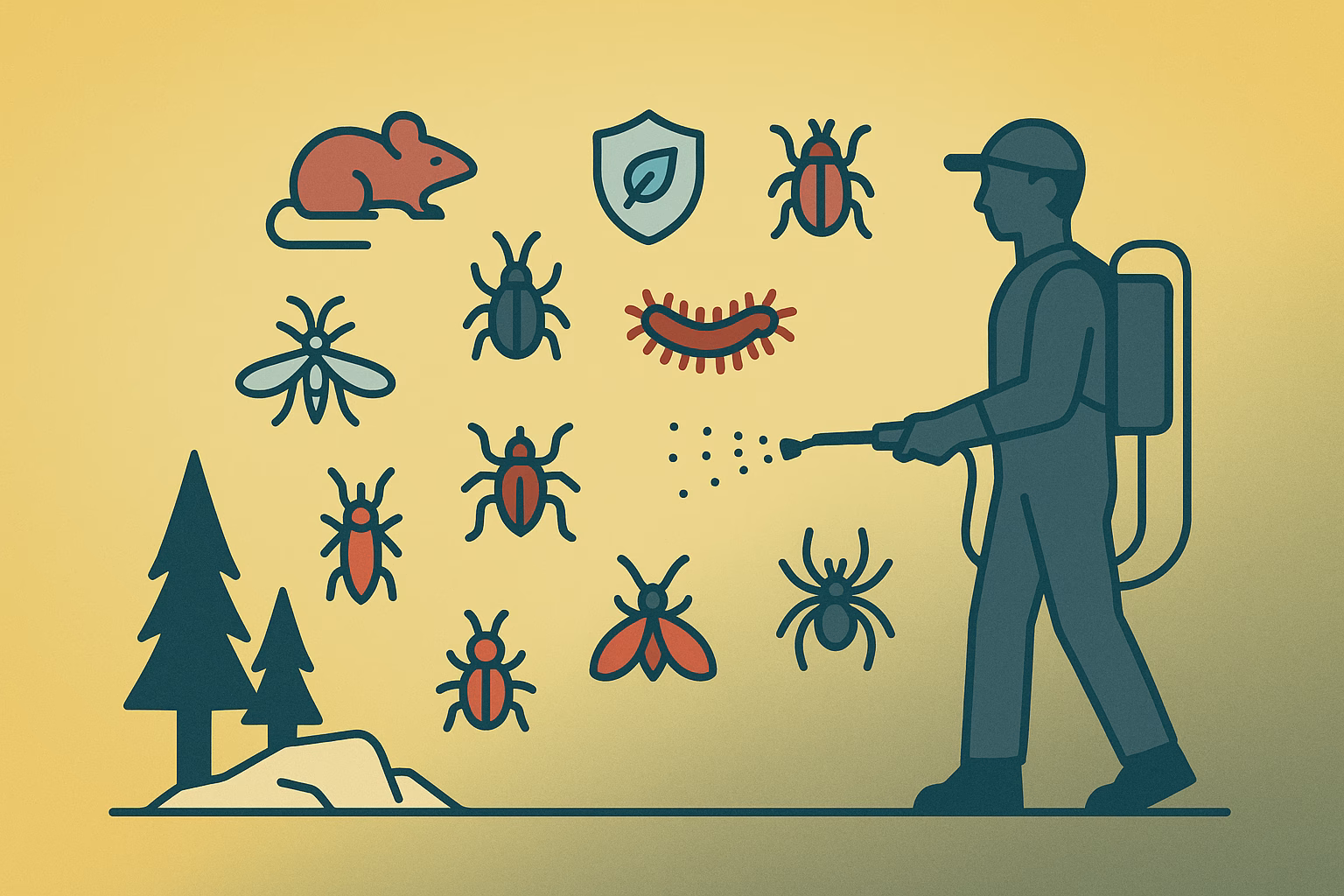 Pest assistance Flagstaff illustrated, featuring a pest control worker spraying in a forest with various pests around.