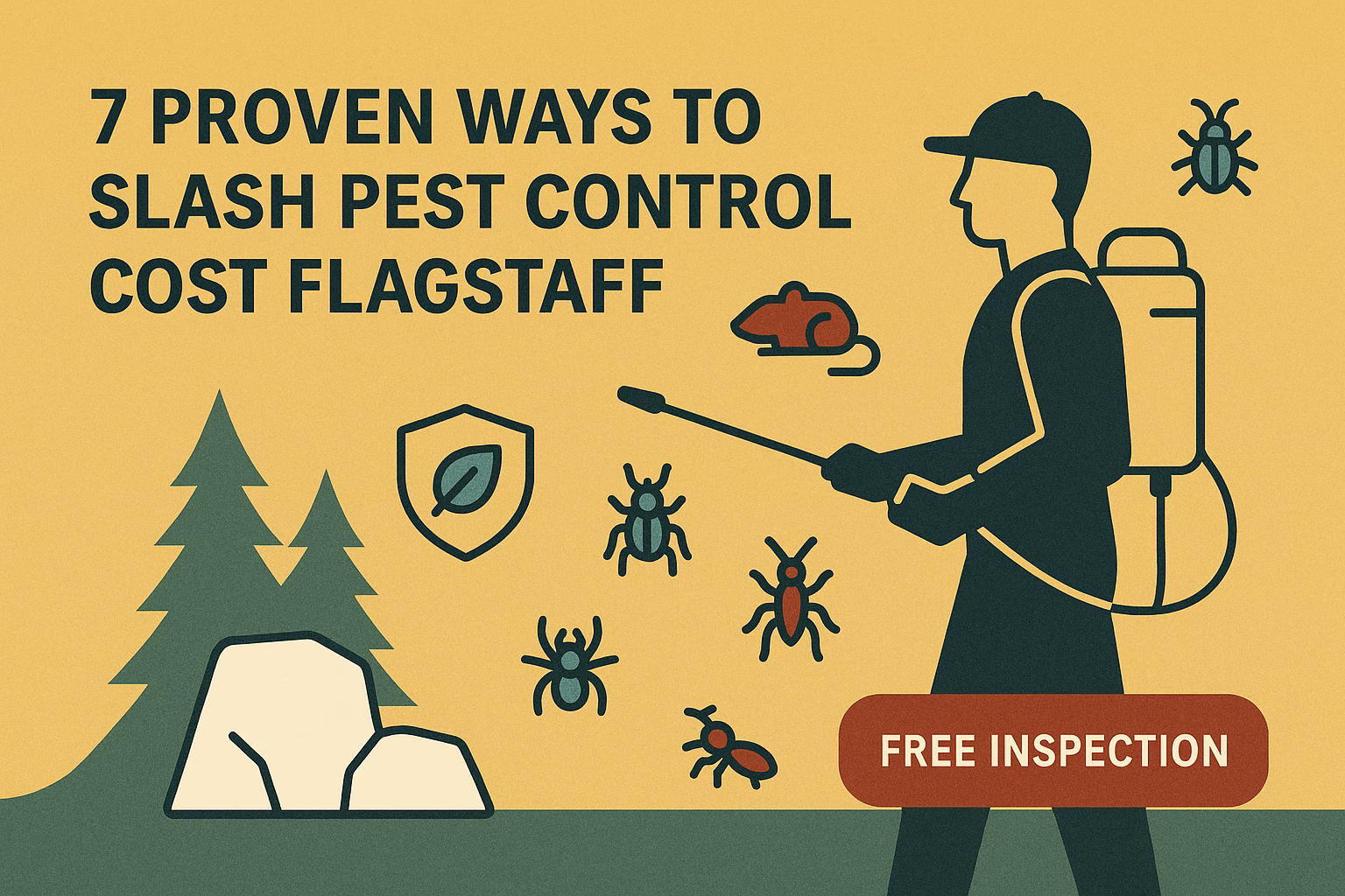 7 ways to reduce pest control cost Flagstaff, featuring a pest controller with various pests and a free inspection offer.