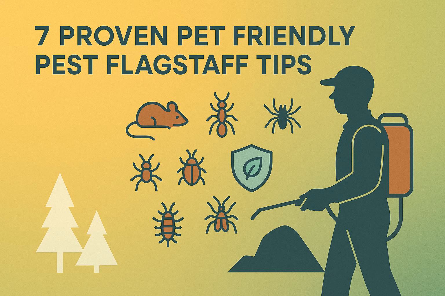 7 proven pet friendly pest Flagstaff tips with pest icons, a person spraying, and trees in a gradient background.