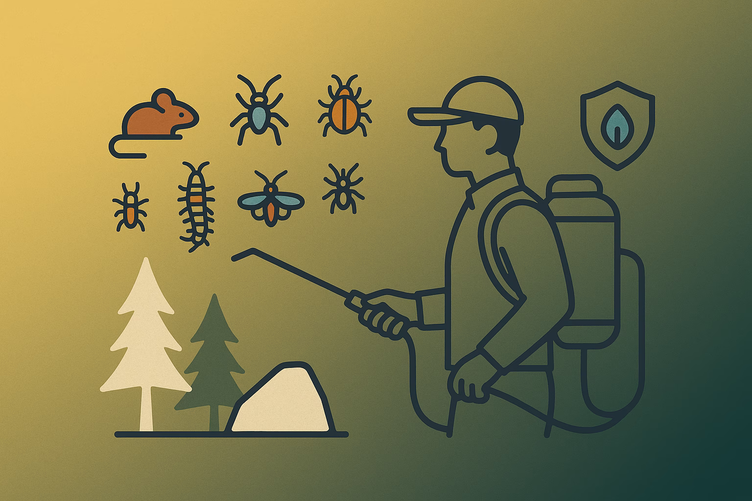 Pest control professional with gear, surrounded by icons of common pests relevant for rental pest Flagstaff services.
