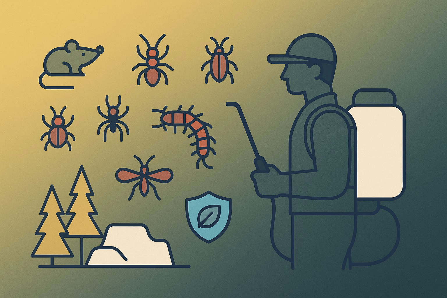 Winter pests Flagstaff include mice, ants, and a pest control worker with equipment, alongside trees and rocks.