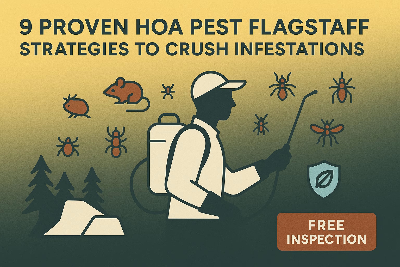 9 proven HOA pest Flagstaff strategies with a pest control expert, surrounded by various pests and a free inspection offer.