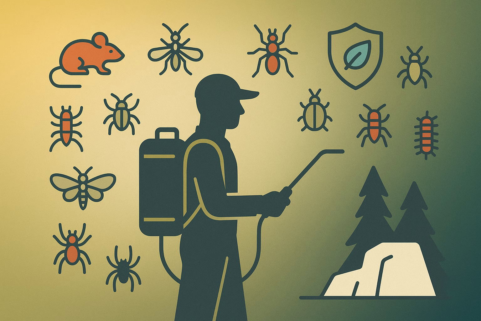 Pest control worker sprays for insects and rodents, with icons representing different pests and nature in the background. Moving pest Flagstaff.
