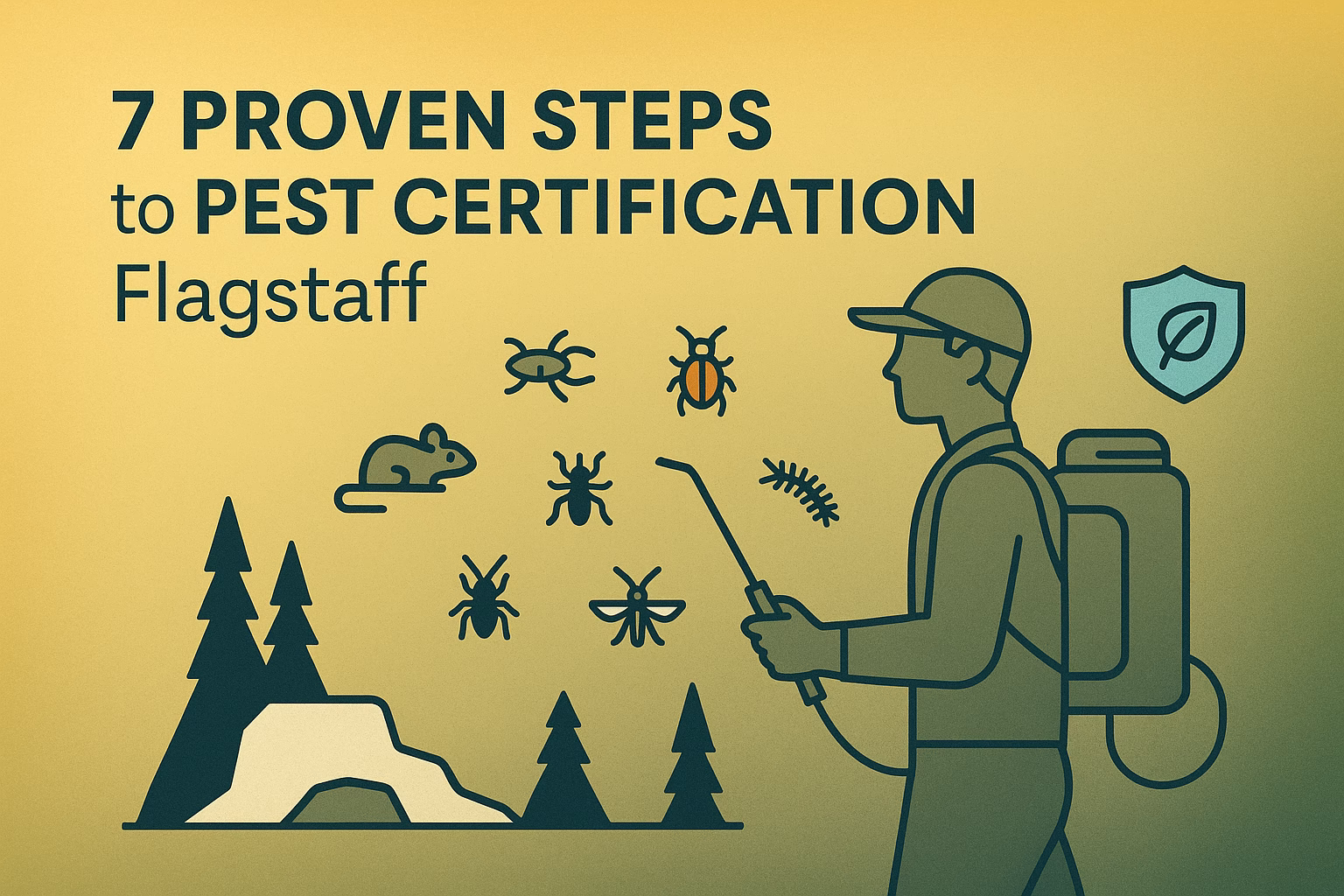 7 proven steps to pest certification Flagstaff, featuring a technician with pests and nature symbols.