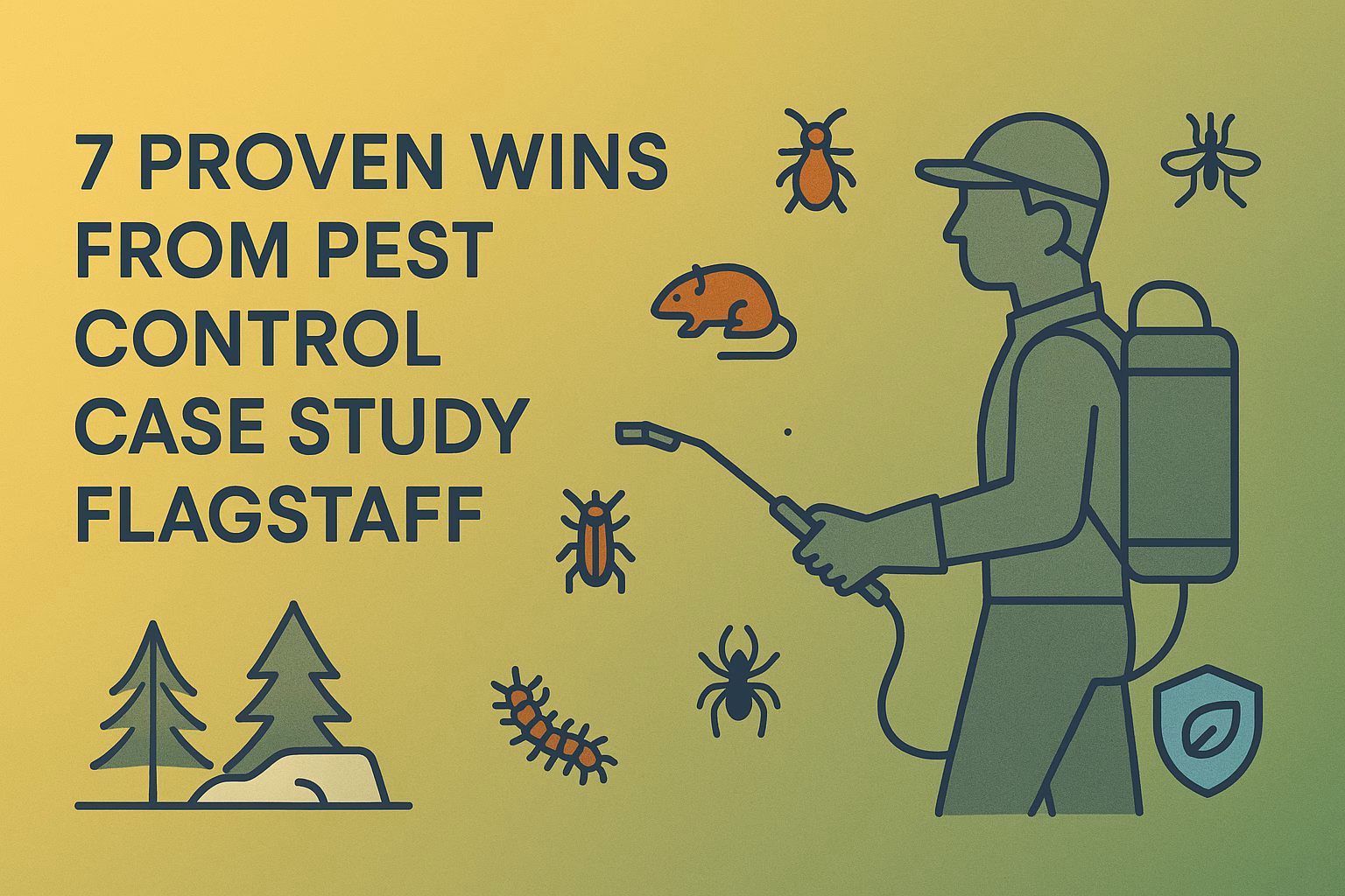 7 proven wins from pest control case study Flagstaff with pest illustrations and a person spraying.
