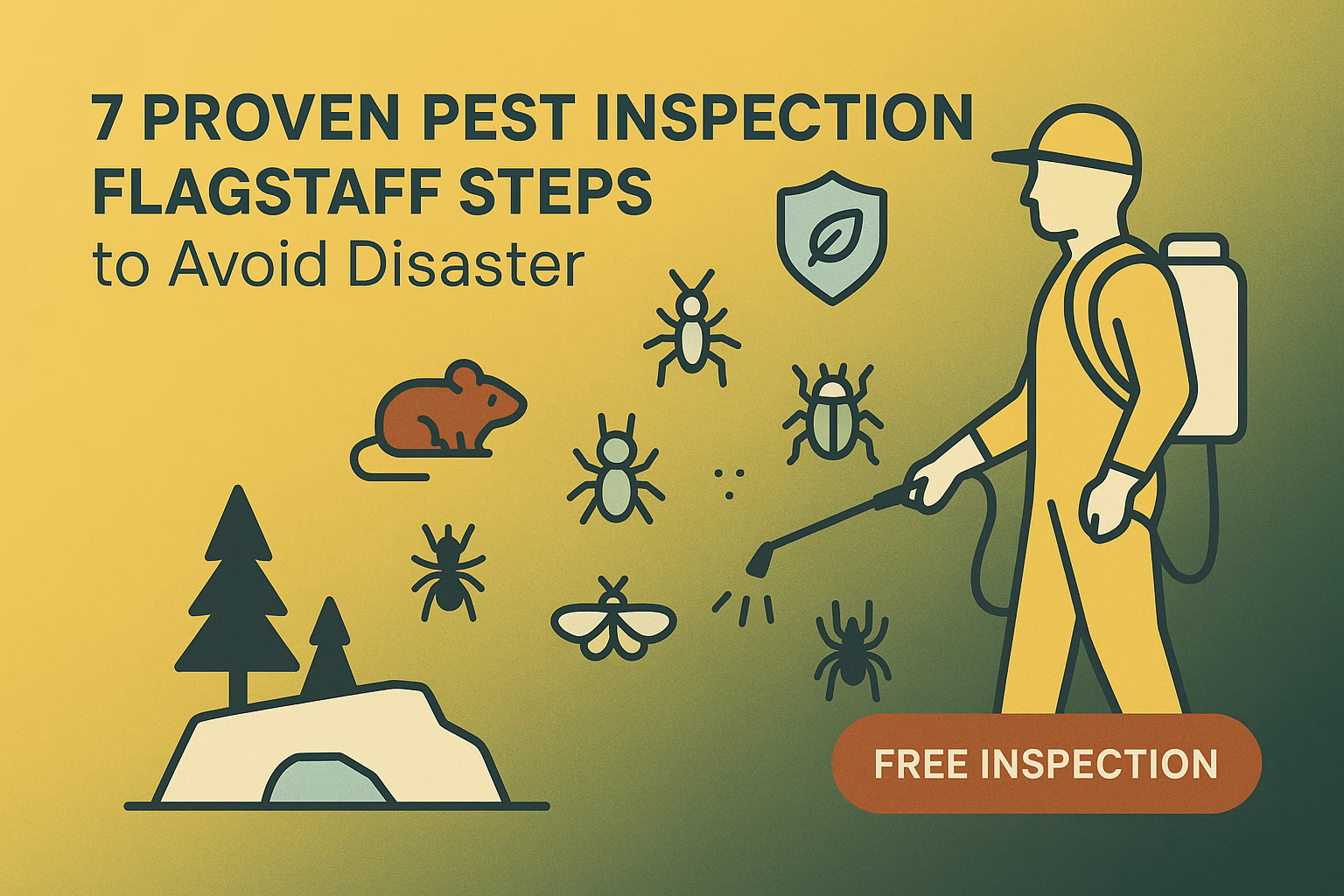7 proven pest inspection Flagstaff steps feature a person spraying pests in a natural setting, highlighted by a "Free Inspection" banner.