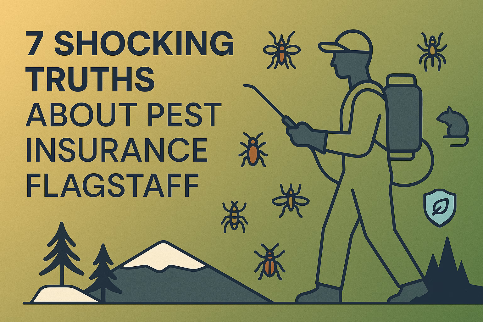 7 truths about pest insurance Flagstaff with a pest control worker, insects, mountains, and a shield graphic.