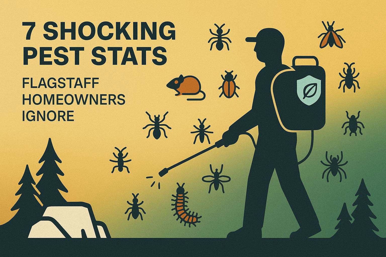 7 shocking pest stats Flagstaff homeowners ignore with a silhouette of a pest control worker and various pests illustrated.