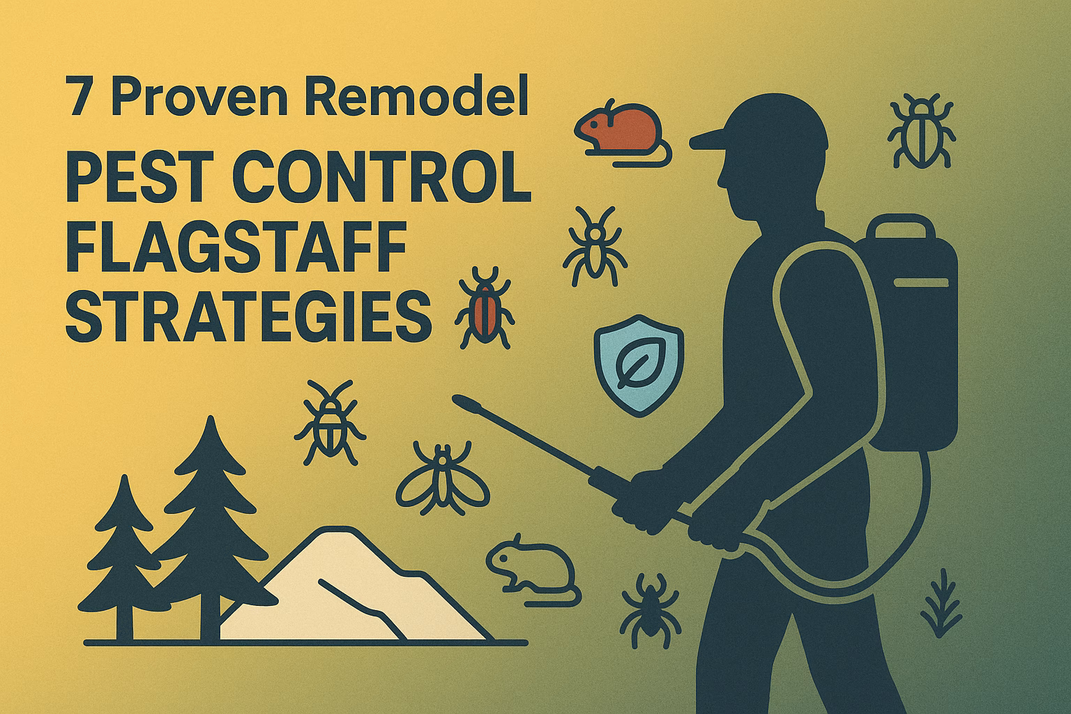 7 proven remodel pest control Flagstaff strategies, featuring a person spraying pesticides among various pests and nature icons.