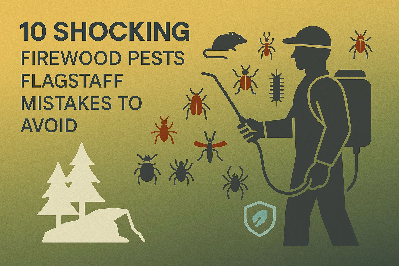 10 shocking firewood pests Flagstaff and common mistakes to avoid, featuring a figure spraying pests and trees.