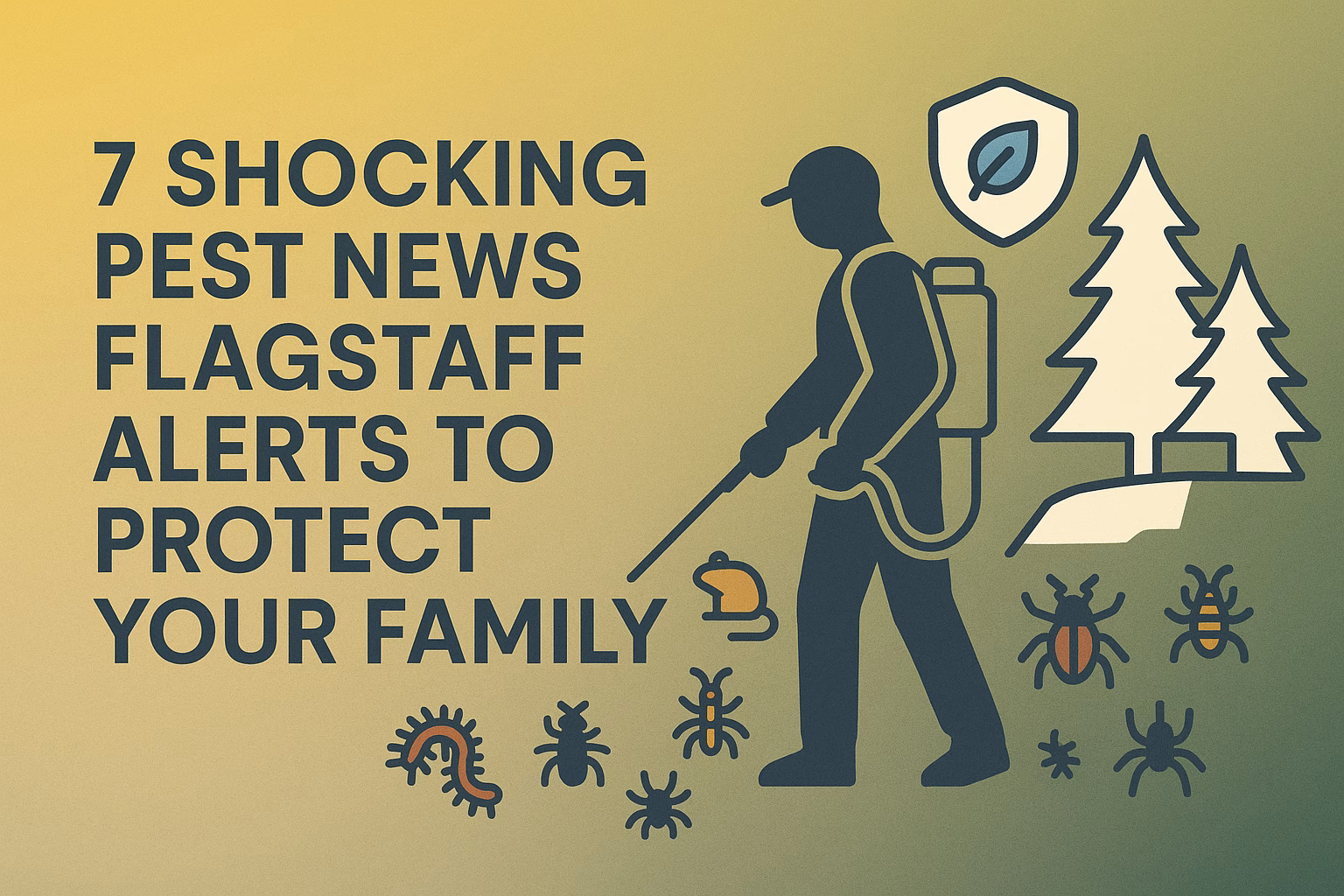 7 shocking pest news Flagstaff alerts, featuring a pest control worker and various insects, highlight family protection.