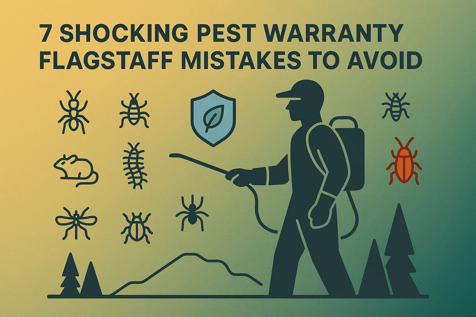 7 shocking pest warranty Flagstaff mistakes to avoid with icons of pests and a person spraying insecticide.