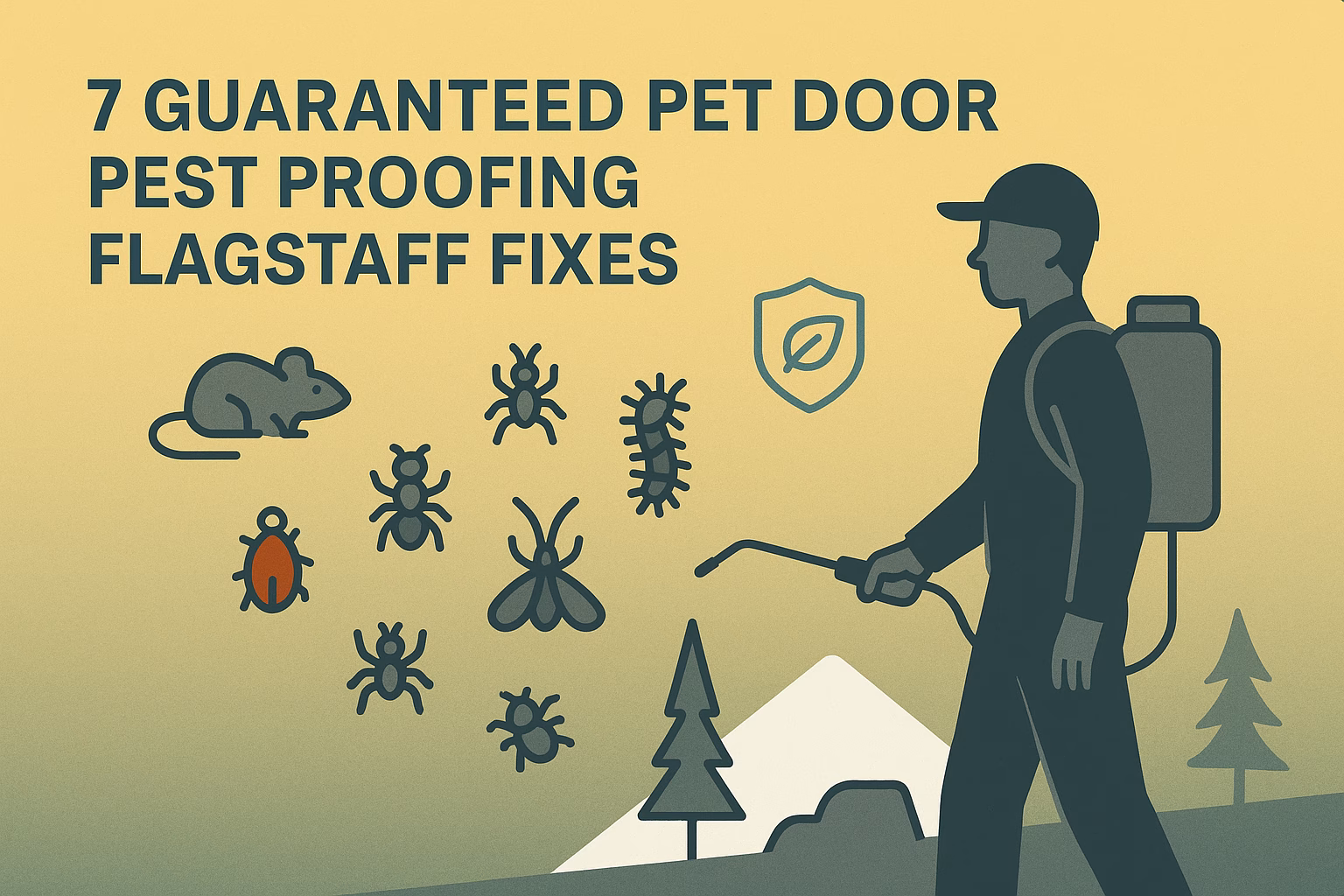 7 guaranteed pet door pest proofing Flagstaff solutions illustrated with pests and a pest control professional.