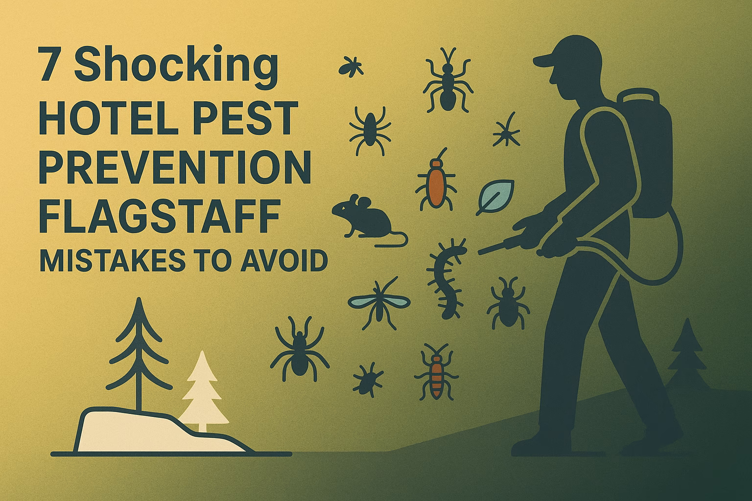 7 mistakes to avoid in hotel pest prevention Flagstaff, featuring pests like ants, mice, and a person spraying pesticides.