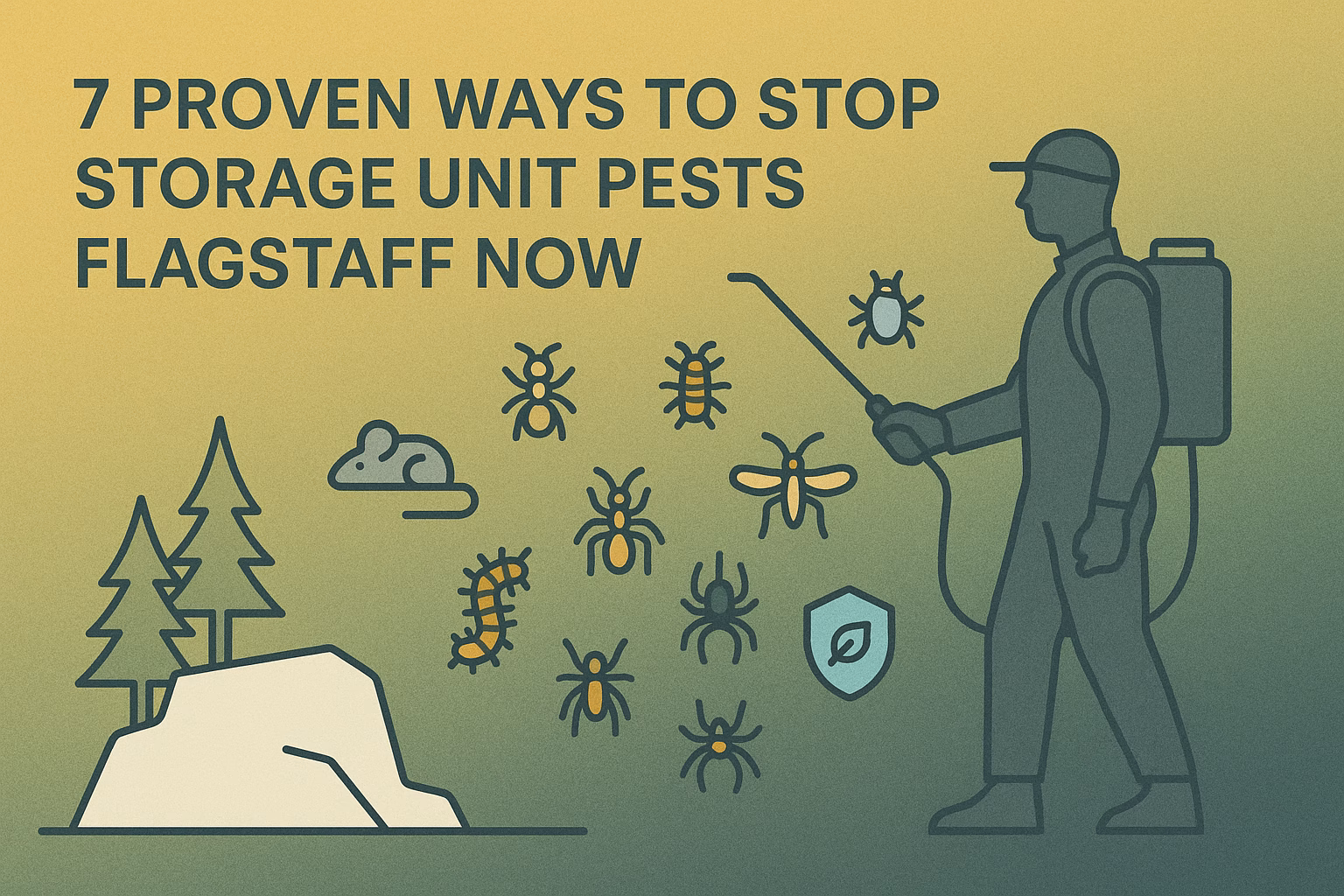 7 proven ways to stop storage unit pests Flagstaff with a pest control professional, insects, and wildlife illustrated.
